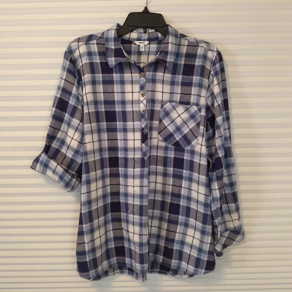 Women's Sonoma Good For Life Blue Plaid Flannel Loose Shirt Petite-XL